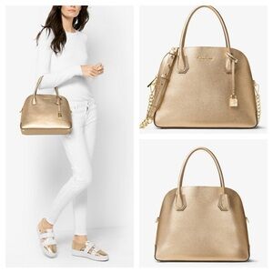 MICHAEL MICHAEL KORS
Mercer Large Metallic Leather Dome Satchel Bag  Gold